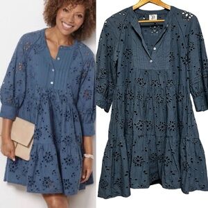 Anthropologie dRA Yara Mini Tiered Babydoll Dress Medium Eyelet 3/4 Sleeve Blue